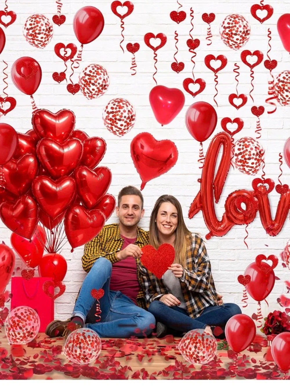 Love and Heart-Shaped Aluminum Foil Balloons, ribbon and rose petals